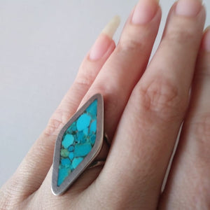 Vintage sterling silver and turquoise boho 70s ring - Signed marked Artist JR