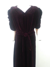 Load image into Gallery viewer, 30s 40s silk velvet red wine dress with gathered puffy sleeves and original belt