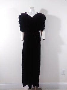 30s 40s silk velvet red wine dress with gathered puffy sleeves and original belt