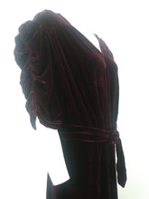 Load image into Gallery viewer, 30s 40s silk velvet red wine dress with gathered puffy sleeves and original belt