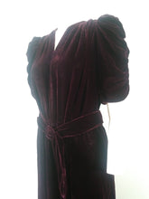 Load image into Gallery viewer, 30s 40s silk velvet red wine dress with gathered puffy sleeves and original belt