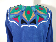 Load image into Gallery viewer, vintage 70s ultra suede dress from designer Beverly Robin for Self Expression fabulous pucci inspired peacock pattern