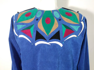 vintage 70s ultra suede dress from designer Beverly Robin for Self Expression fabulous pucci inspired peacock pattern