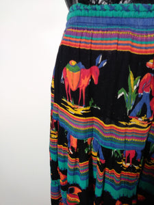 80s Mexican print India Rayon Maxi Skirt 40s 50s inspired