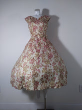 Load image into Gallery viewer, 50s Bernetti New York Dress / 50s sequin party dress / Cocktail Dress / 40 Inch Bust / 50s Wedding Party / gold painted floral dress