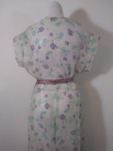 1950s sheer flower dress // 50s purple flower dress // 50s seersucker dress // Size Large