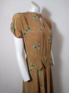 40s rayon dress / 40s novelty print dress / blue bell flowers dress / vintage Rayon Dress