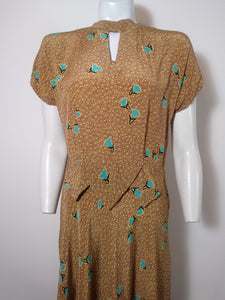 40s rayon dress / 40s novelty print dress / blue bell flowers dress / vintage Rayon Dress