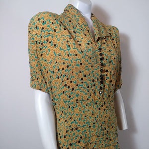 40s peplum dress / 40s abstract print dress / 40s novelty print dress / vintage 40s Rayon Dress