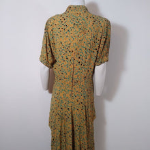 Load image into Gallery viewer, 40s peplum dress / 40s abstract print dress / 40s novelty print dress / vintage 40s Rayon Dress