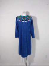 Load image into Gallery viewer, vintage 70s ultra suede dress from designer Beverly Robin for Self Expression fabulous pucci inspired peacock pattern