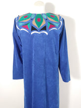 Load image into Gallery viewer, vintage 70s ultra suede dress from designer Beverly Robin for Self Expression fabulous pucci inspired peacock pattern