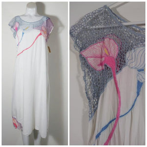 Vintage 70s artisan rayon dress with Open Fish Net Stiched Flowers / Hawaiian Inspired Vintage Sundress NOS orig tags