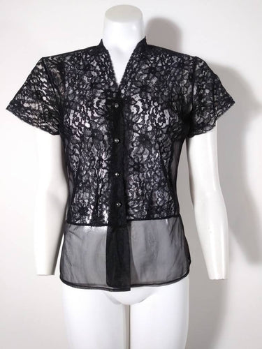 vintage 1950s sheer nylon chiffon black lace blouse by Diane Young Originals