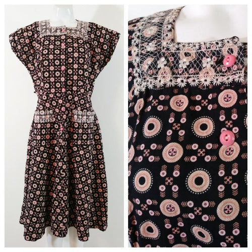 Vintage 40s 50s pink button dress / 50s novelty print dress / 50s Fruit of the Loom / cotton day dress / 50s spring / Glitterngoldvintage