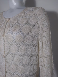 70s Crochet knit Sheer mesh lace cardigan / Folk lace Bohemian Revival hippie boho