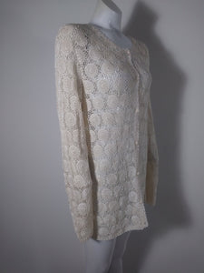 70s Crochet knit Sheer mesh lace cardigan / Folk lace Bohemian Revival hippie boho