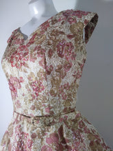 Load image into Gallery viewer, 50s Bernetti New York Dress / 50s sequin party dress / Cocktail Dress / 40 Inch Bust / 50s Wedding Party / gold painted floral dress