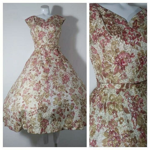 50s Bernetti New York Dress / 50s sequin party dress / Cocktail Dress / 40 Inch Bust / 50s Wedding Party / gold painted floral dress