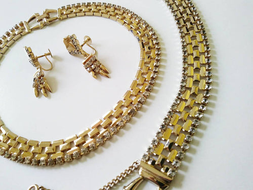 Vintage 50s Bracelet Necklace Earring set / 50s rhinestone necklace / gold finish necklace / initial tag / Monet jewelry