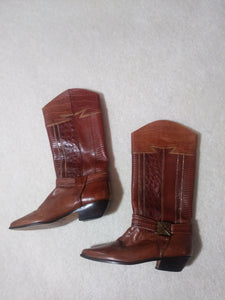 70s 80s tooled leather Skin "Circle Stitch Iguana tara multi" Vintage Cowboy Boots - size 7 M