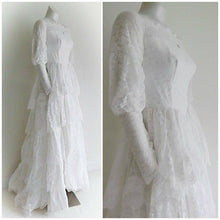 Load image into Gallery viewer, Vintage 50s five tiered lace wedding dress with small train and attached tulle net crinoline underskirt