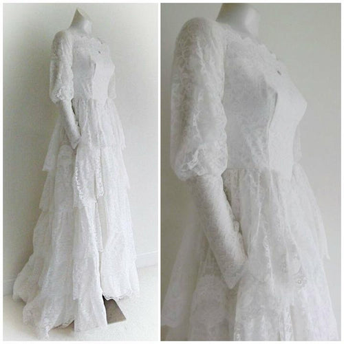 Vintage 50s five tiered lace wedding dress with small train and attached tulle net crinoline underskirt