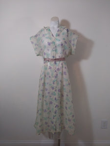 1950s sheer flower dress // 50s purple flower dress // 50s seersucker dress // Size Large