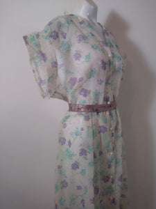 1950s sheer flower dress // 50s purple flower dress // 50s seersucker dress // Size Large