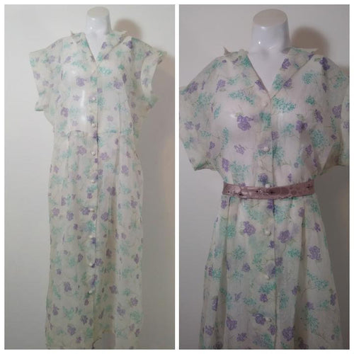 1950s sheer flower dress // 50s purple flower dress // 50s seersucker dress // Size Large