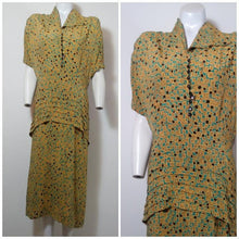 Load image into Gallery viewer, 40s peplum dress / 40s abstract print dress / 40s novelty print dress / vintage 40s Rayon Dress