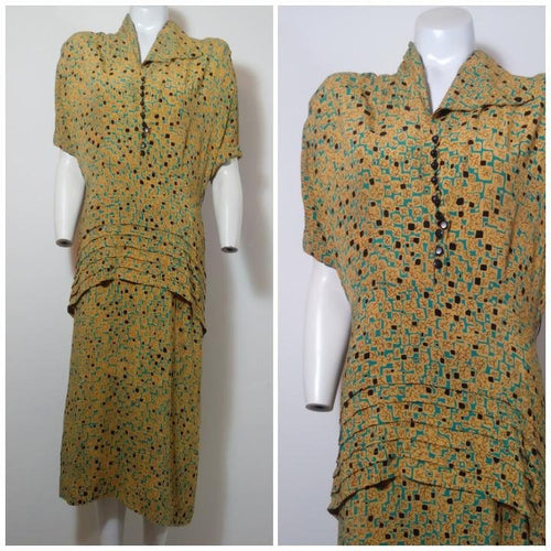 40s peplum dress / 40s abstract print dress / 40s novelty print dress / vintage 40s Rayon Dress