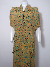 Load image into Gallery viewer, 40s peplum dress / 40s abstract print dress / 40s novelty print dress / vintage 40s Rayon Dress