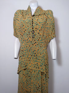 40s peplum dress / 40s abstract print dress / 40s novelty print dress / vintage 40s Rayon Dress