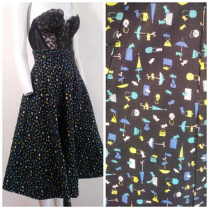 Vintage 50s novelty print Skirt / 50s gloves purse print skirt / 50s cotton skirt / 50s high waist skirt / Rockabilly / GlitterNGoldVintage