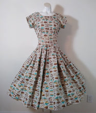 Load image into Gallery viewer, Vintage 50s Dress / 50s full circle skirt dress / 50s painted gold leaves dress / 50s Cocktail Dress / Glitterngoldvintage