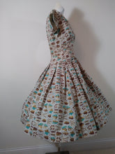 Load image into Gallery viewer, Vintage 50s Dress / 50s full circle skirt dress / 50s painted gold leaves dress / 50s Cocktail Dress / Glitterngoldvintage