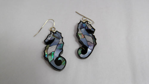 Vintage Sea Horse Earrings / Lucite and Abalone Shell / Pierced