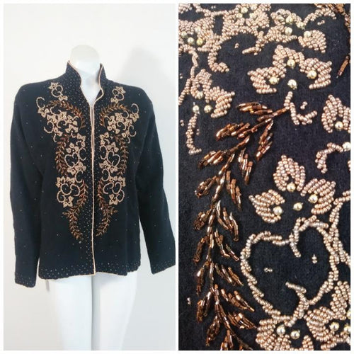 Vintage 50s Beaded Cardigan Sweater  / Vintage fuzzy angora wool cardigan / ornate copper and gold beading / GlitterNgoldVintage