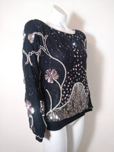 Load image into Gallery viewer, Vintage Sequin Blouse / 80s silk pearl Bead Blouse / Vintage Sequin Top / GlitterNGoldVintage