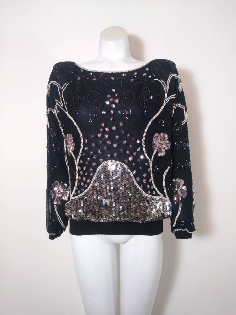 Vintage Sequin Blouse / 80s silk pearl Bead Blouse / Vintage Sequin Top / GlitterNGoldVintage